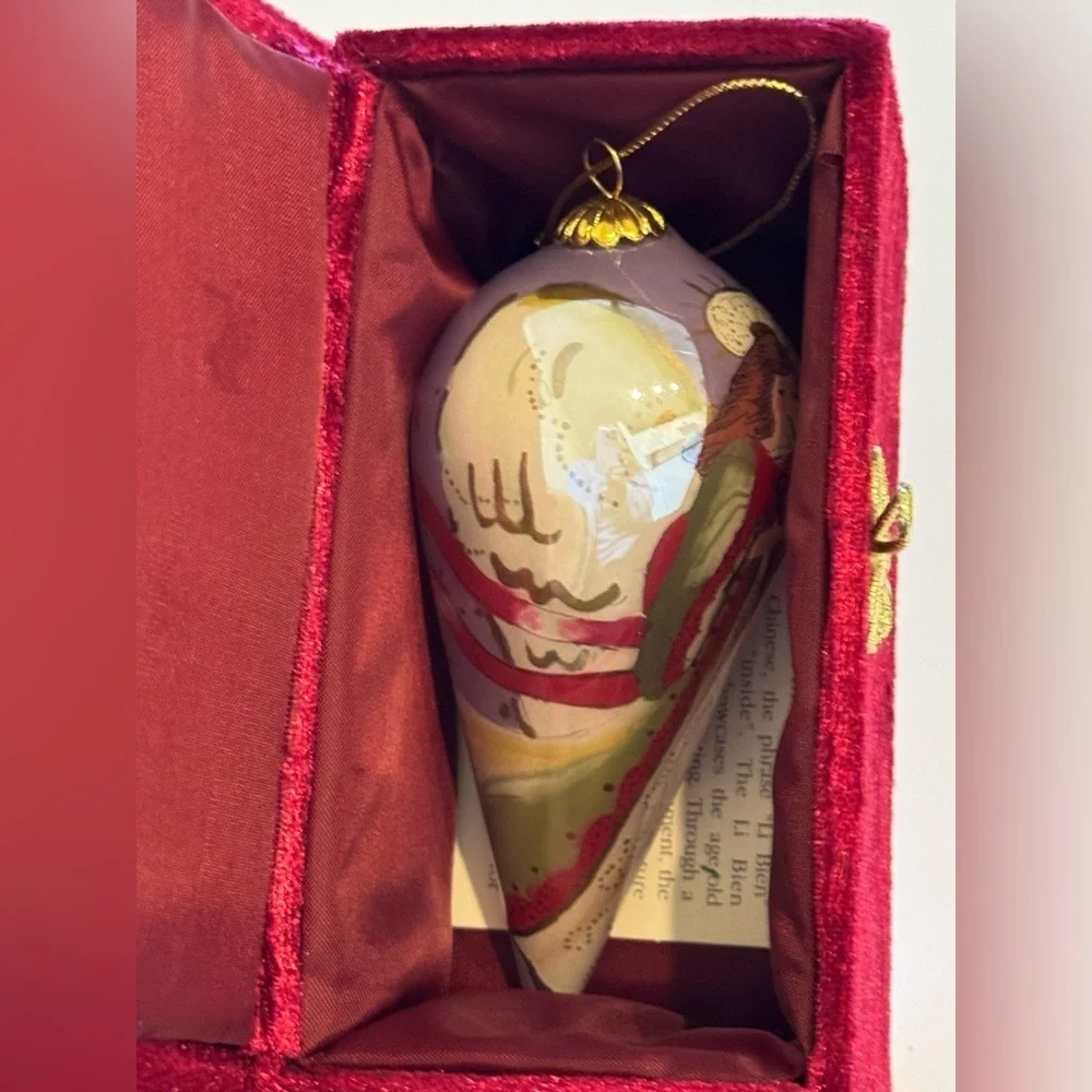 Vintage Pier 1 Li Bien Hand Painted Christmas Angel Ornament Red Velvet Box